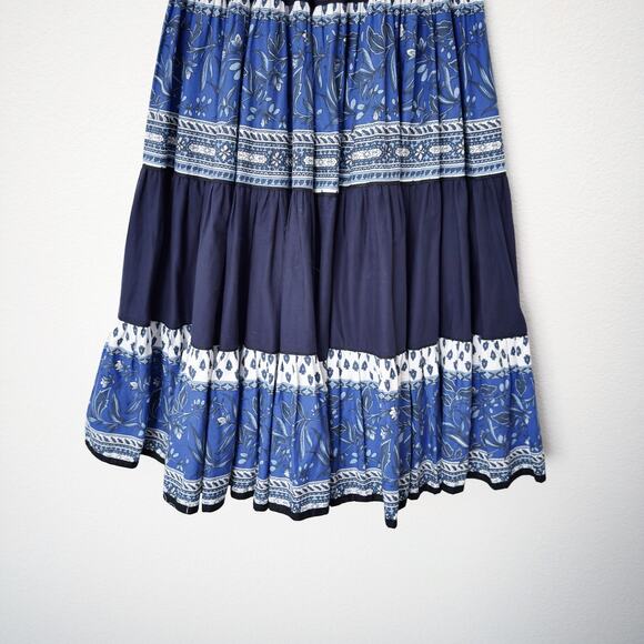 [Vintage] Atelier Provencal Blue Floral Striped Tiered Full Maxi Skirt Sz Medium - Picture 8 of 10